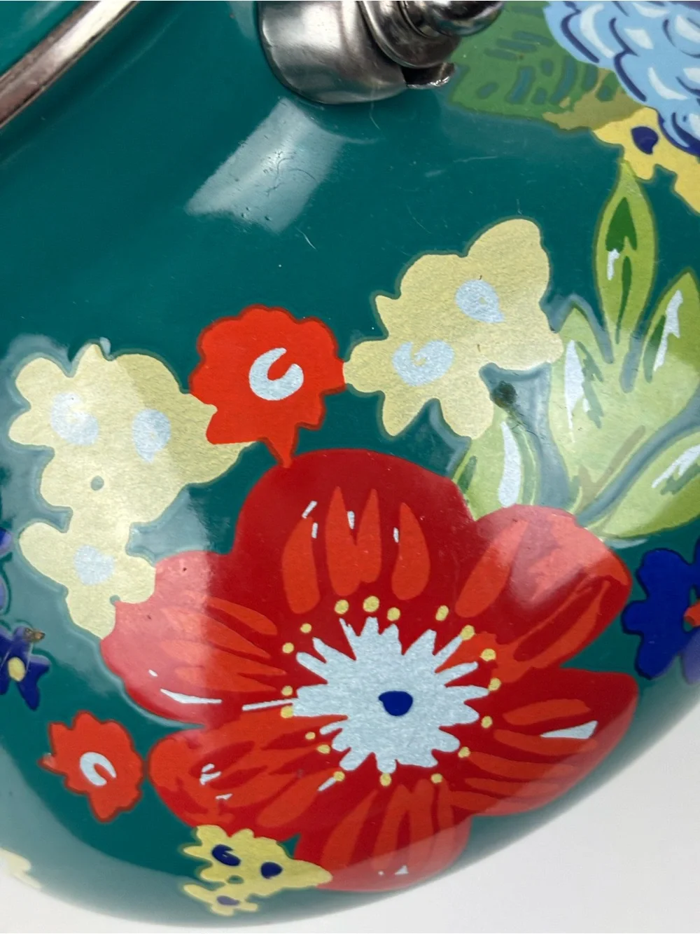 Pioneer Woman Teal Floral Enamel Tea Kettle-EUC-RARE color!